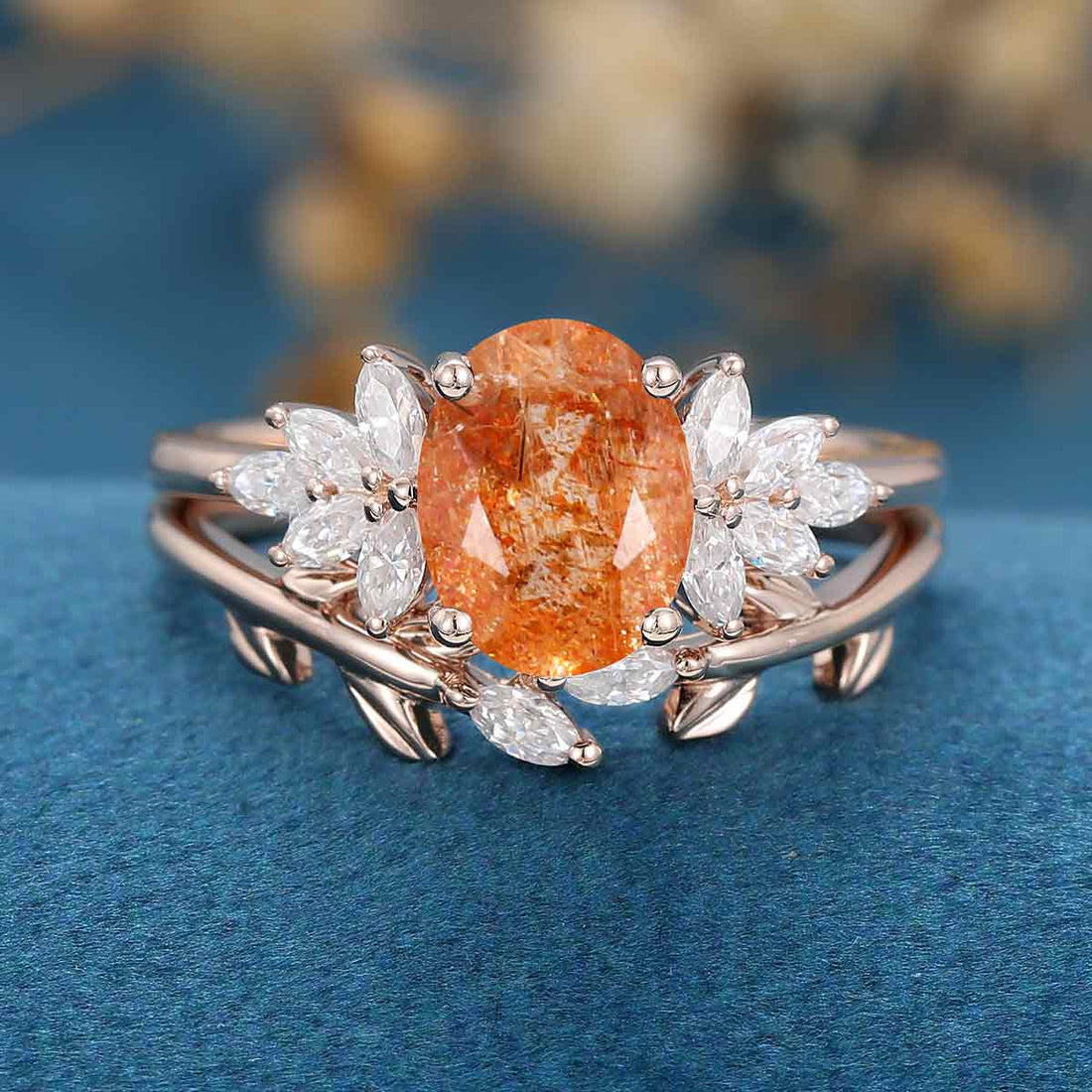Oval cut Sunstone Cluster Engagement ring Bridal Set 