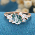 Pear Cut Natural Green Moss Agate Cluster Engagement Ring