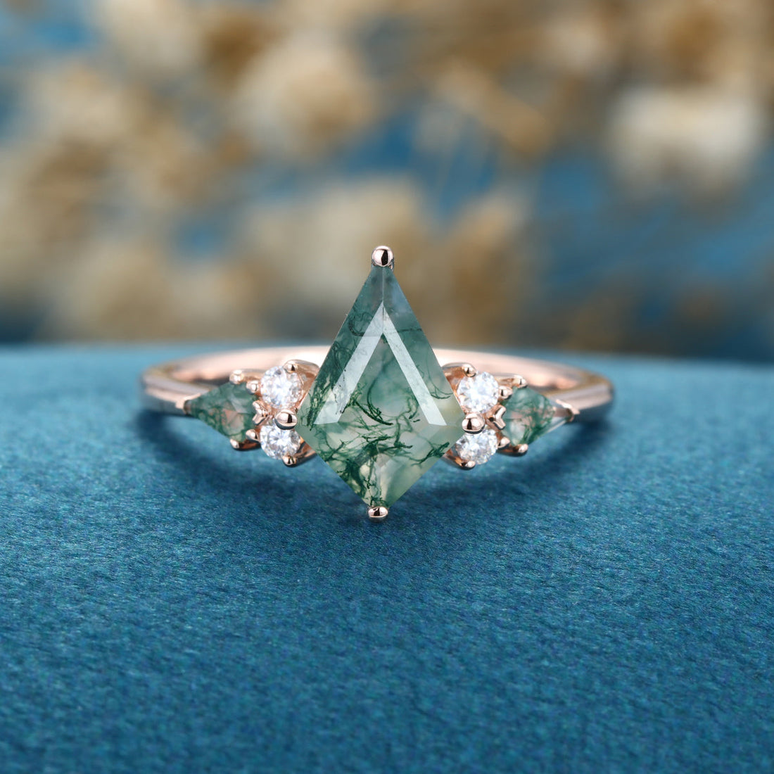 Kite cut Moss Agate Solid Gold Engagement Ring