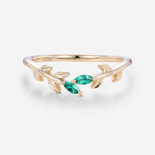 Marquise cut emerald leaf Curved Wedding Band Ring
