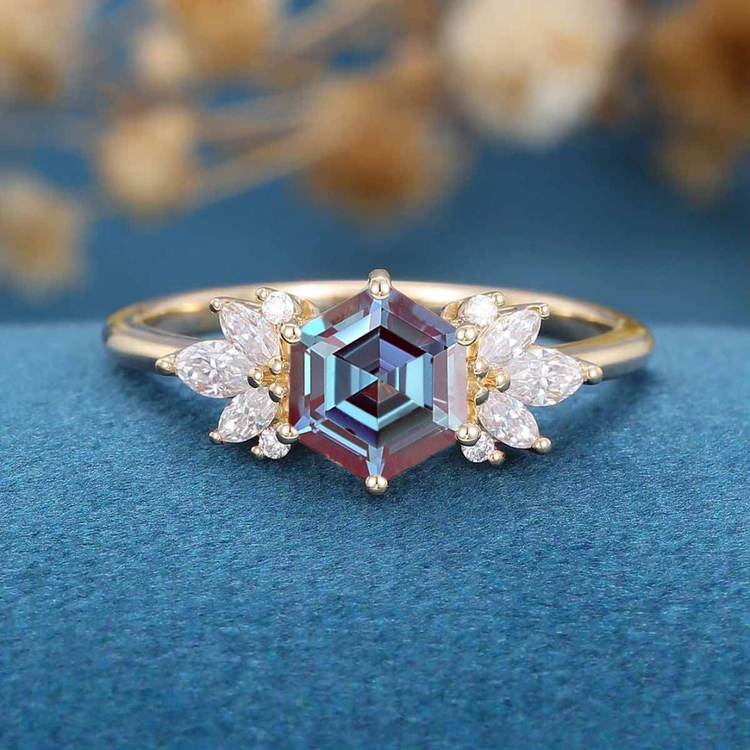 Hexagon cut Alexandrite | Diamond Engagement ring