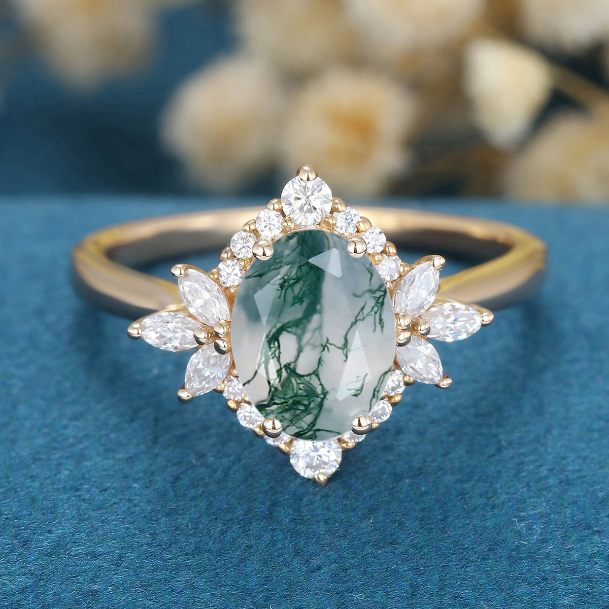 Oval Cut Natural Green Moss Agate Cluster Engagement Ring