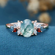 Natural Green Moss Agate Oval cut cluster Engagement Ring 