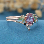 Pear cut Alexandrite Cluster Engagement Ring Set