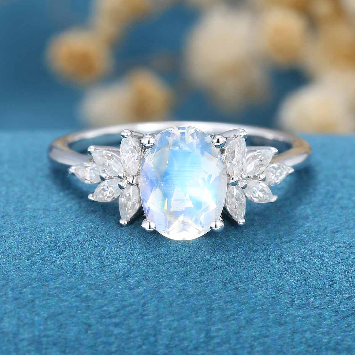 Oval cut Moonstone Cluster Engagement ring