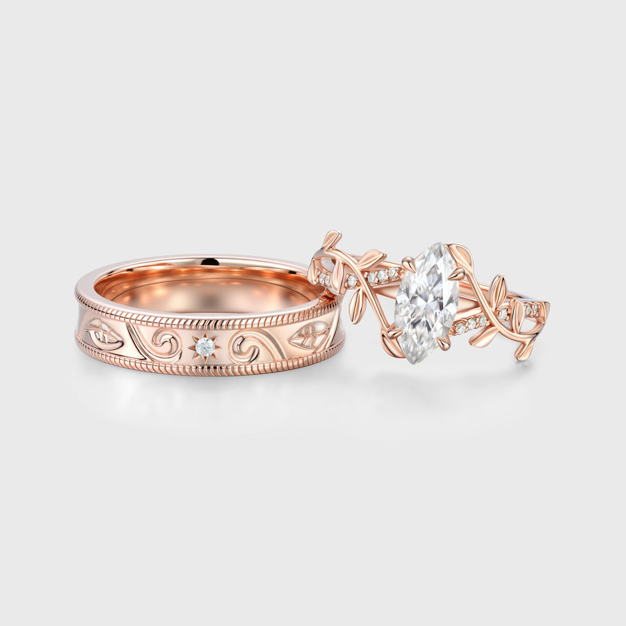 Nature Inspired Moissanite Couple Rings | D Color VVS1 | Rose Gold Leaf Wedding Bridal Set