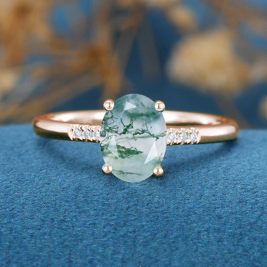 Oval Cut Natural Green Moss Agate Cluster Engagement Ring 