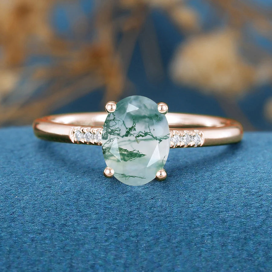 Oval Cut Natural Green Moss Agate Cluster Engagement Ring