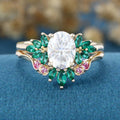 Oval cut Moissanite Matching Diamonds | Lab Grown Emerald |  Natural Pink Sapphires  Rose Gold Wedding Bridal Set