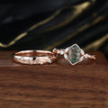 Long Hexagon cut Moss Agate + Diamonds Couple Ring Set His and Hers Wedding Bridal Set