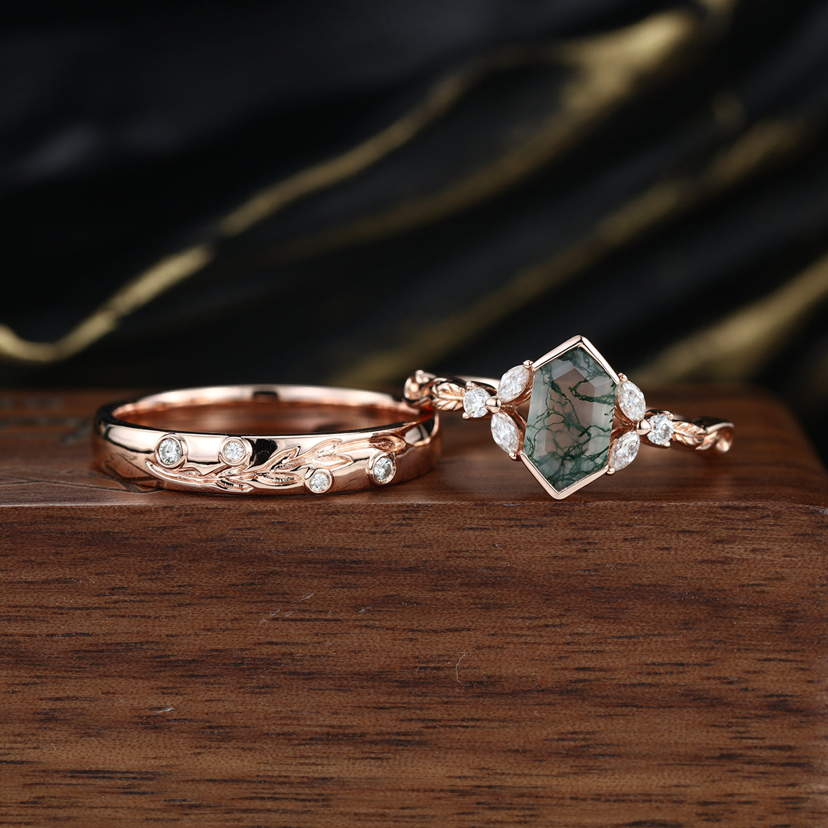 Long Hexagon cut Moss Agate + Diamonds Couple Ring Set His and Hers Wedding Bridal Set