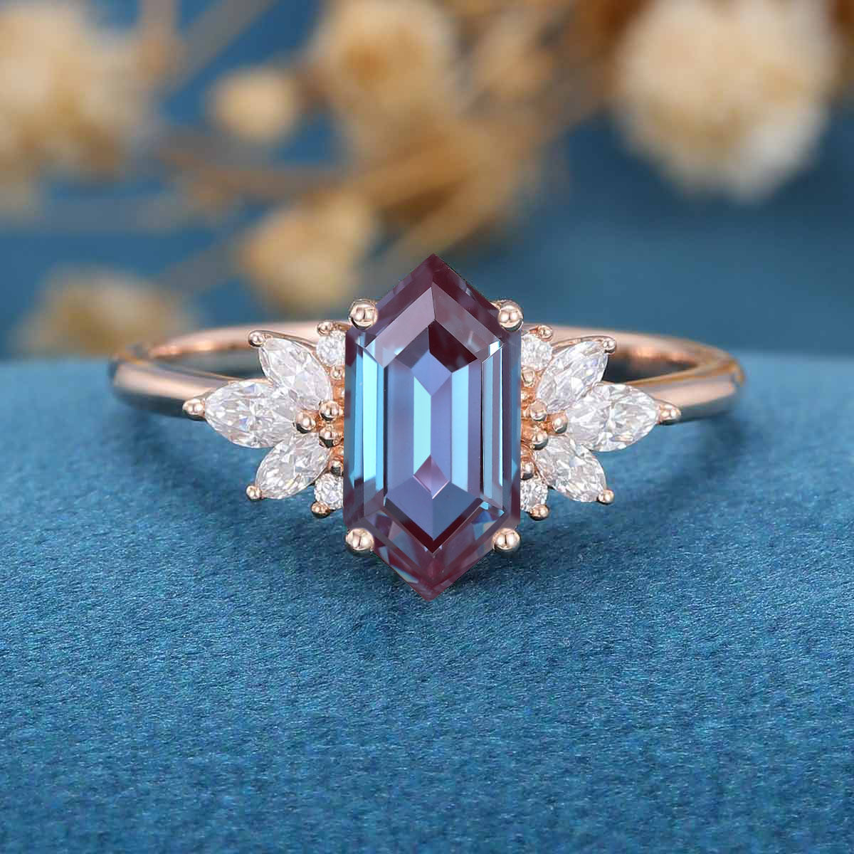 Long Hexagon cut Alexandrite | Diamond Engagement ring 