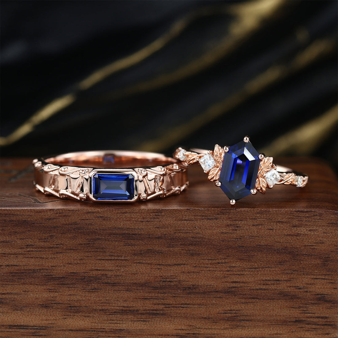 Forever Glow Lab Sapphire Couple Rings | Rose Gold Leaf Wedding Bridal Set