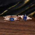 Forever Glow Lab Sapphire Couple Rings | Rose Gold Leaf Wedding Bridal Set