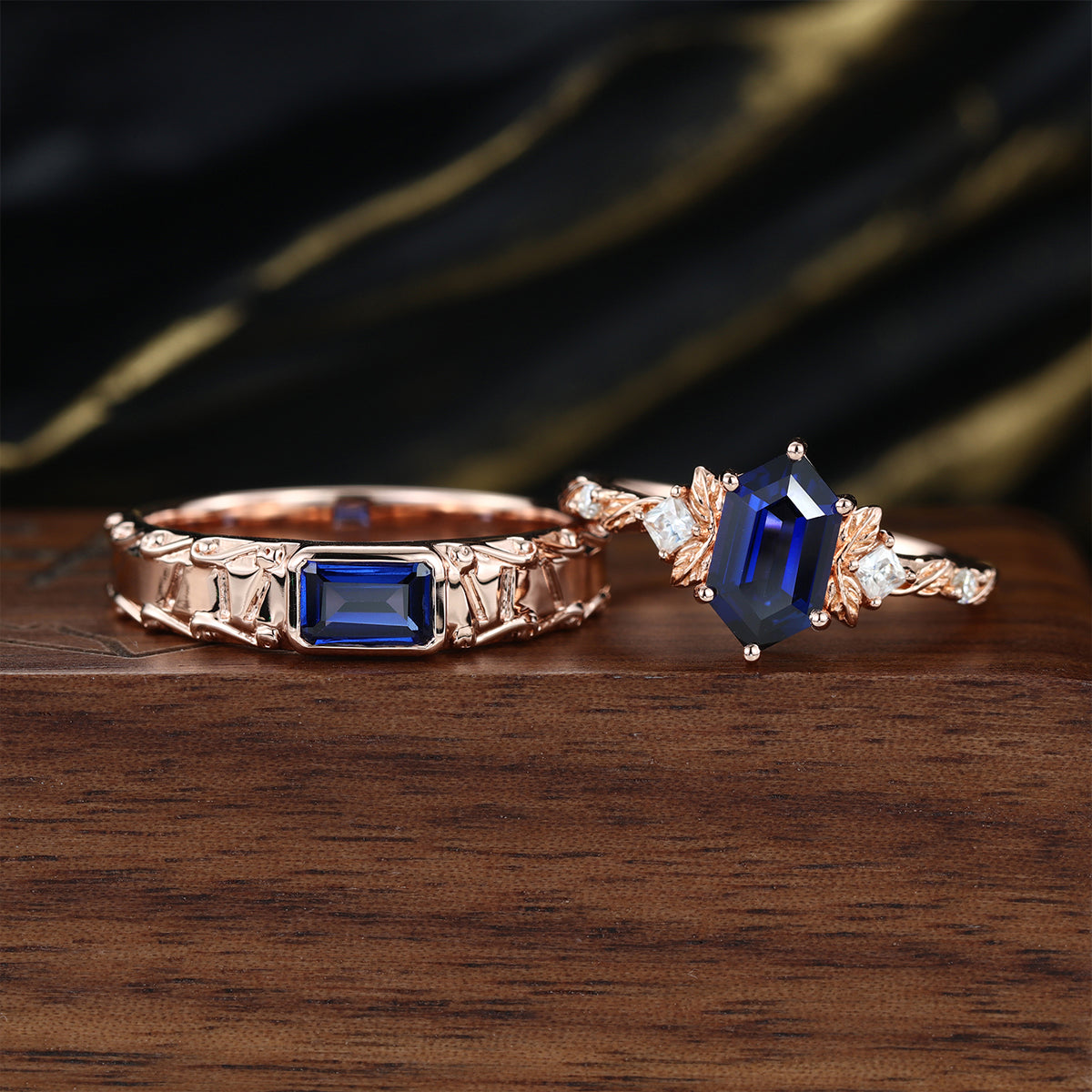 Forever Glow Lab Sapphire Couple Rings | Rose Gold Leaf Wedding Bridal Set