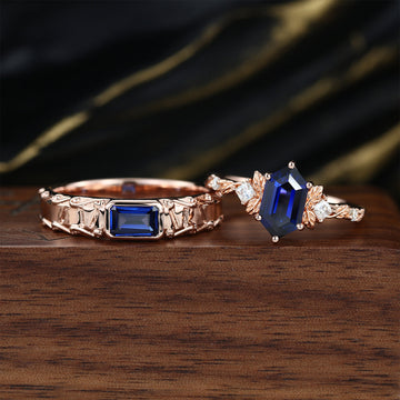 Forever Glow Lab Sapphire Couple Rings | Rose Gold Leaf Wedding Bridal Set