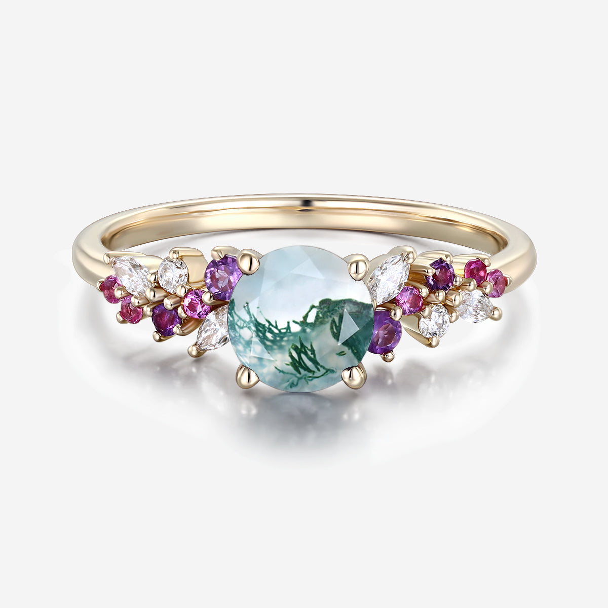 Round cut Moss Agate Leaf Gold Engagement Ring