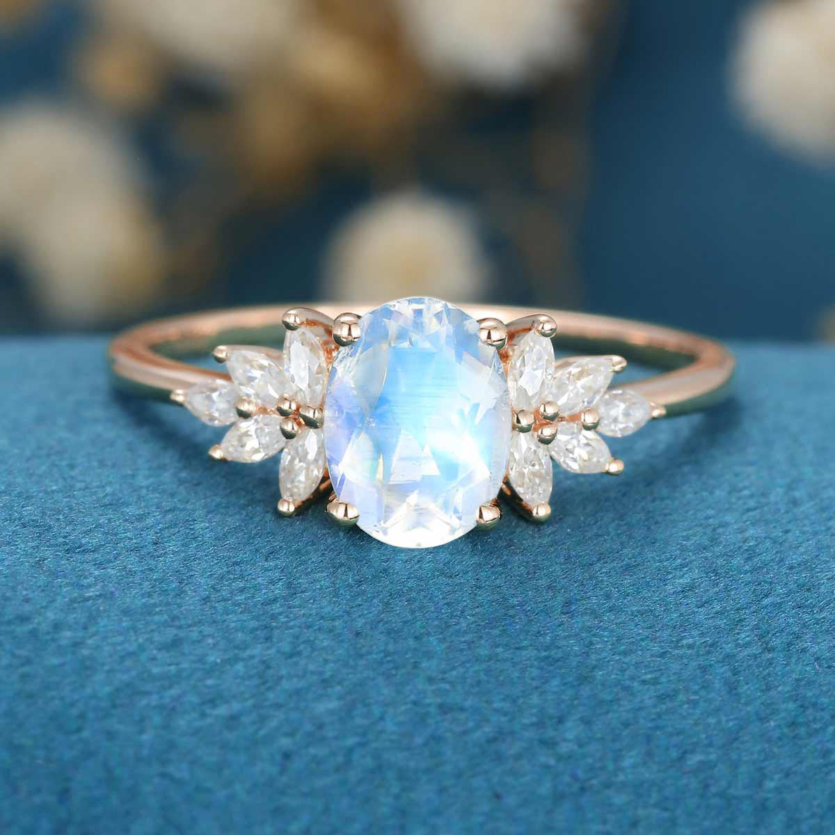 Oval cut Moonstone Cluster Engagement ring