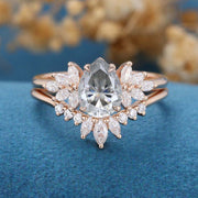 Pear cut Gray Moissanite Cluster Engagement ring Bridal Set 