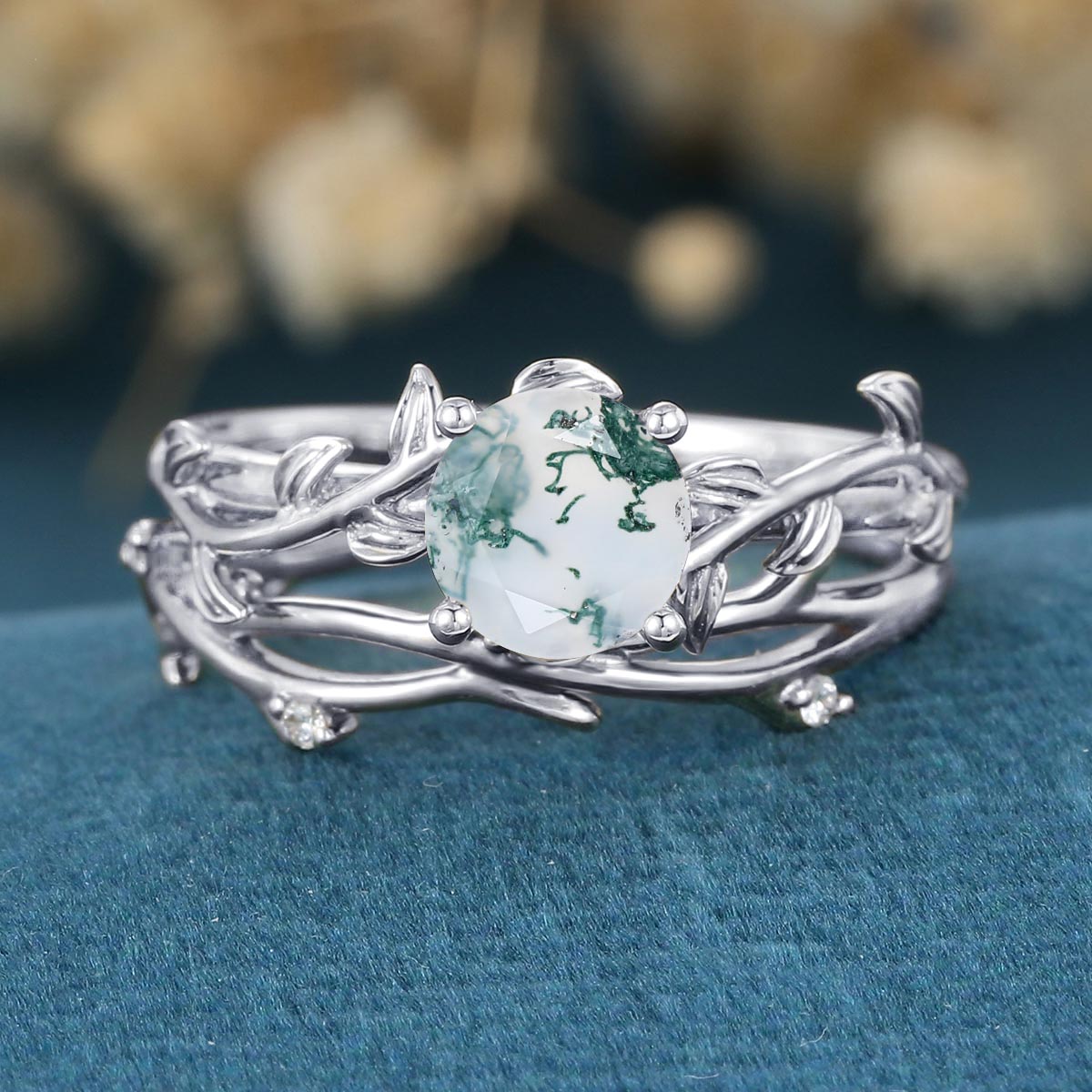 Nature Inspired Round cut Moss Agate Leaf Gold ring set