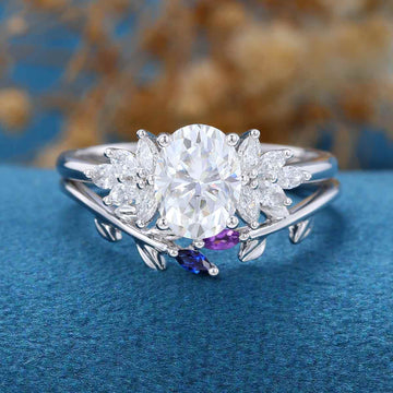 Oval cut Moissanite Cluster Engagement ring Bridal Set