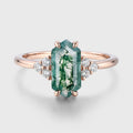 Long Hexagon cut Moss Agate Matching Moissanite | Diamonds Gold Engagement Ring