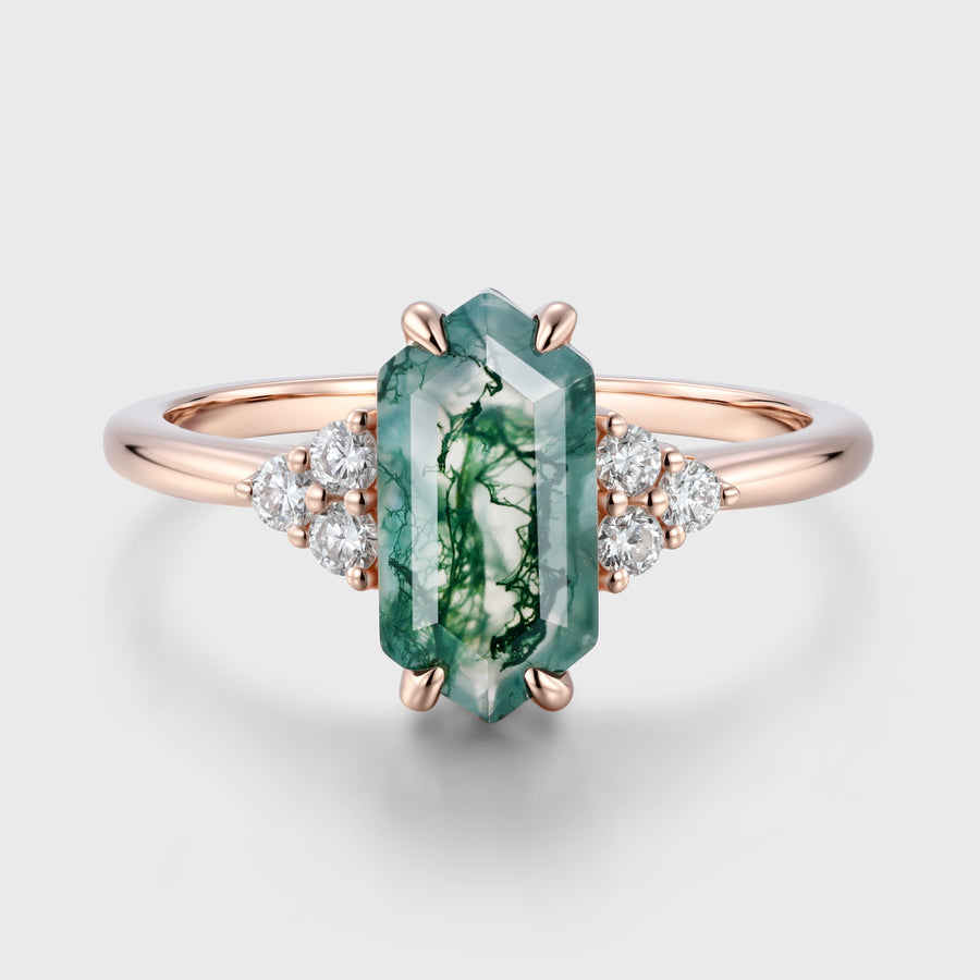 Long Hexagon cut Moss Agate Matching Moissanite | Diamonds Gold Engagement Ring