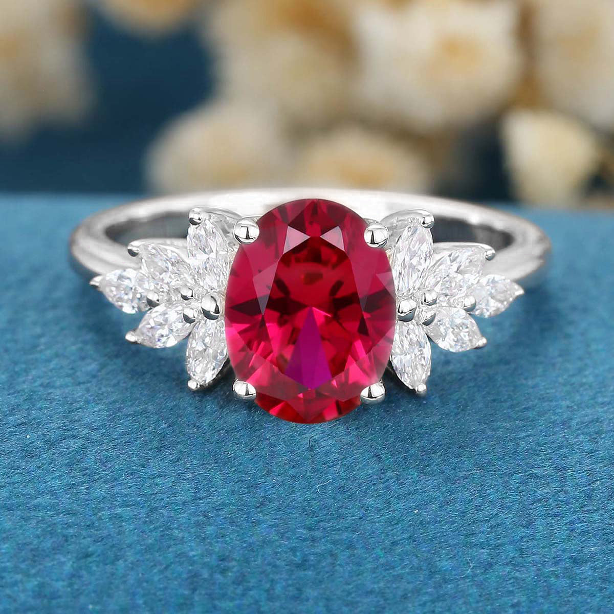 1.5Carat Oval cut Lab Ruby Cluster Engagement Ring