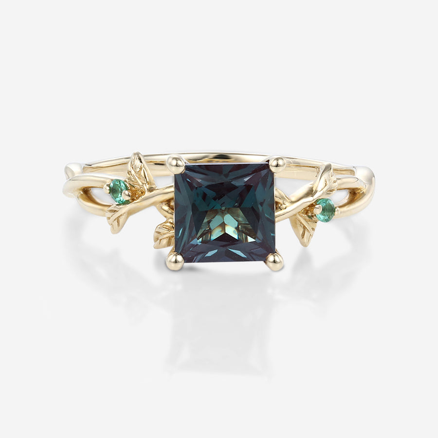 Nature Inspired Princess cut Lab Alexandrite Leaf Gold Engagement Ring