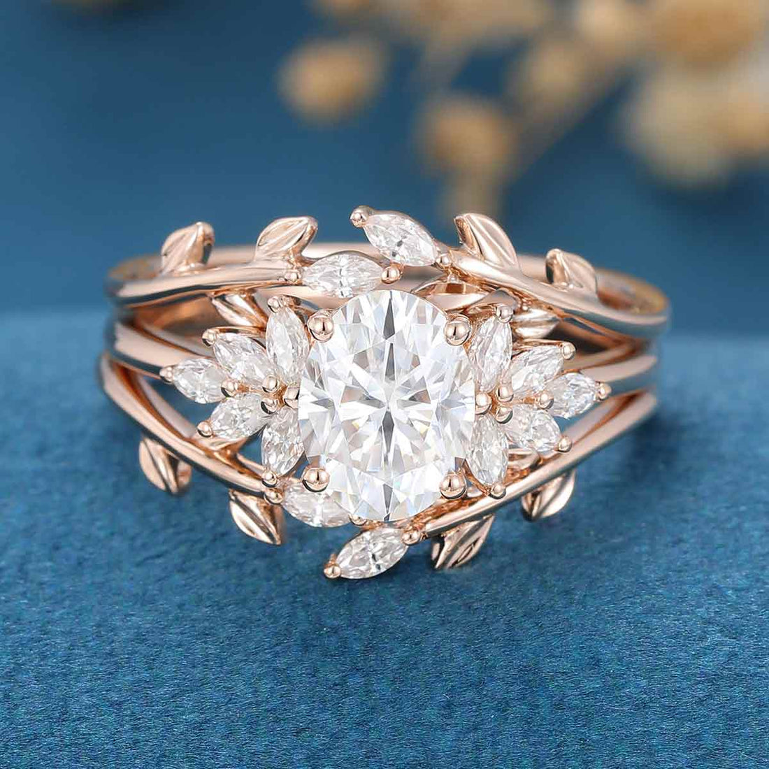 1.5Carat Oval Moissanite Cluster Engagement Bridal Set