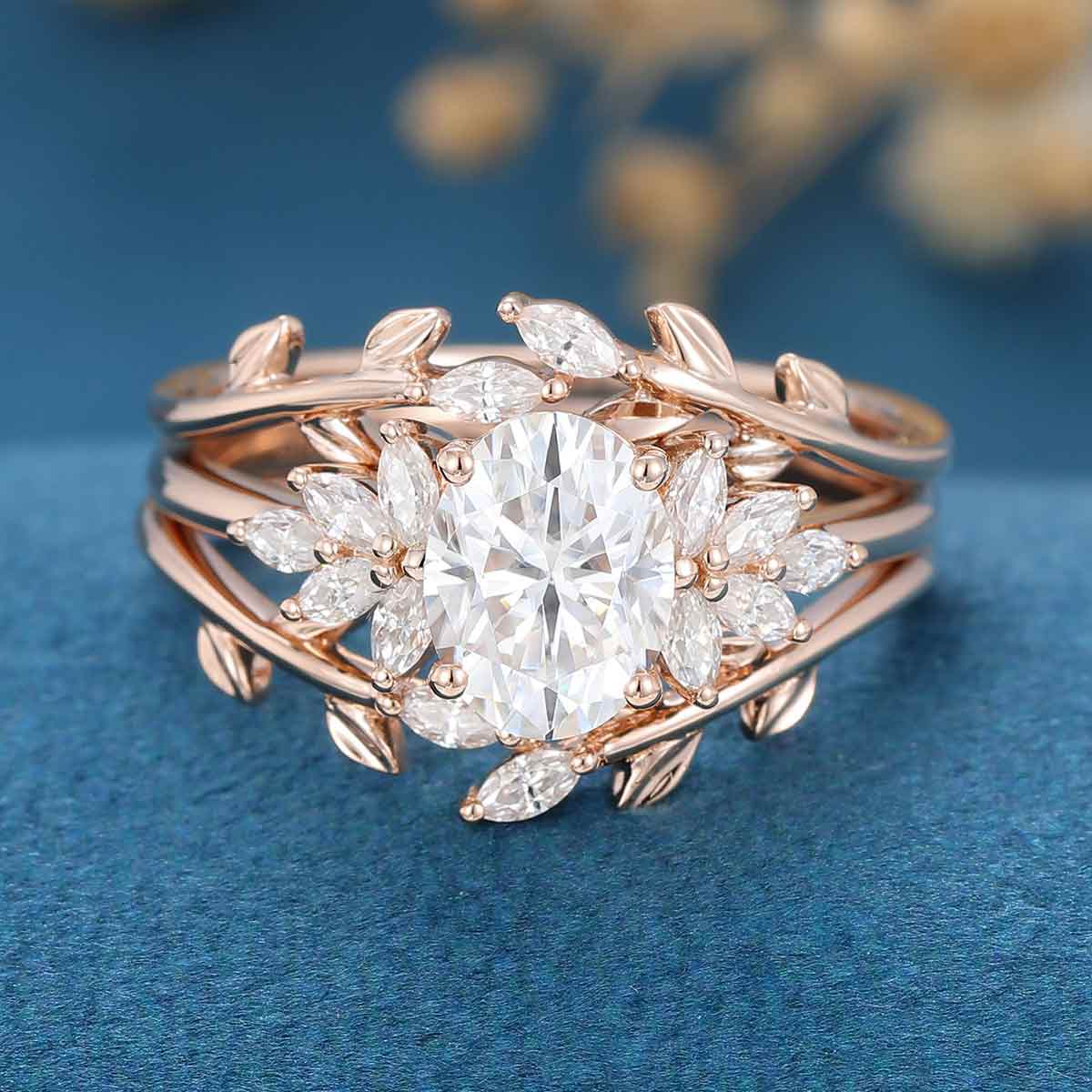 1.5Carat Oval Moissanite Cluster Engagement Bridal Set