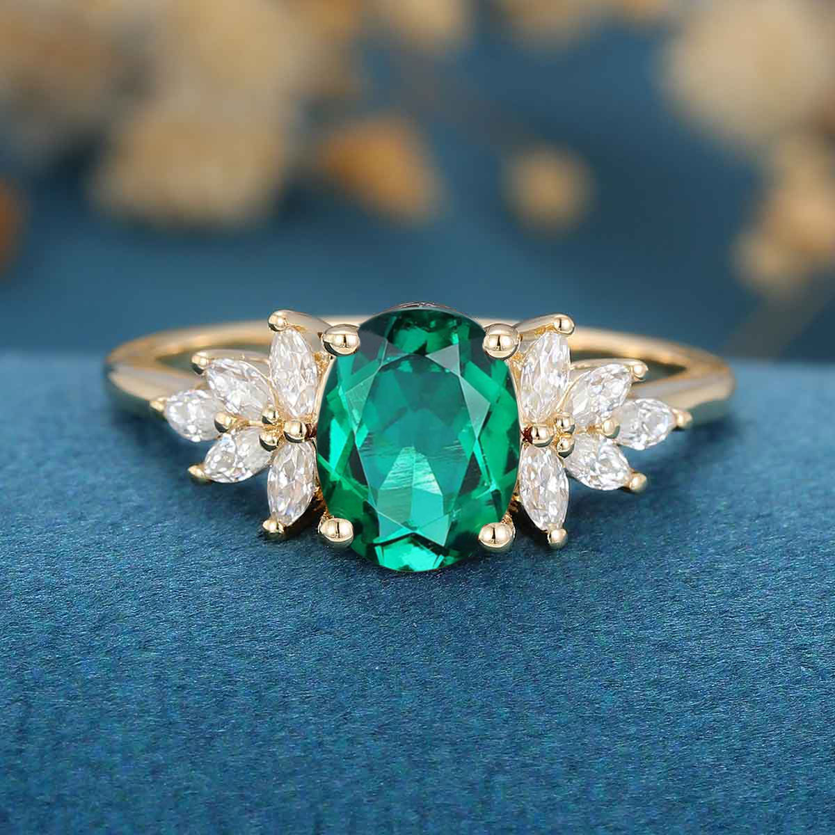 Oval cut Emerald Cluster Engagement ring