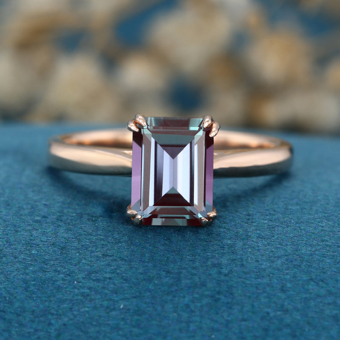 Emerald cut Lab Alexandrite Solid Gold Engagement Ring