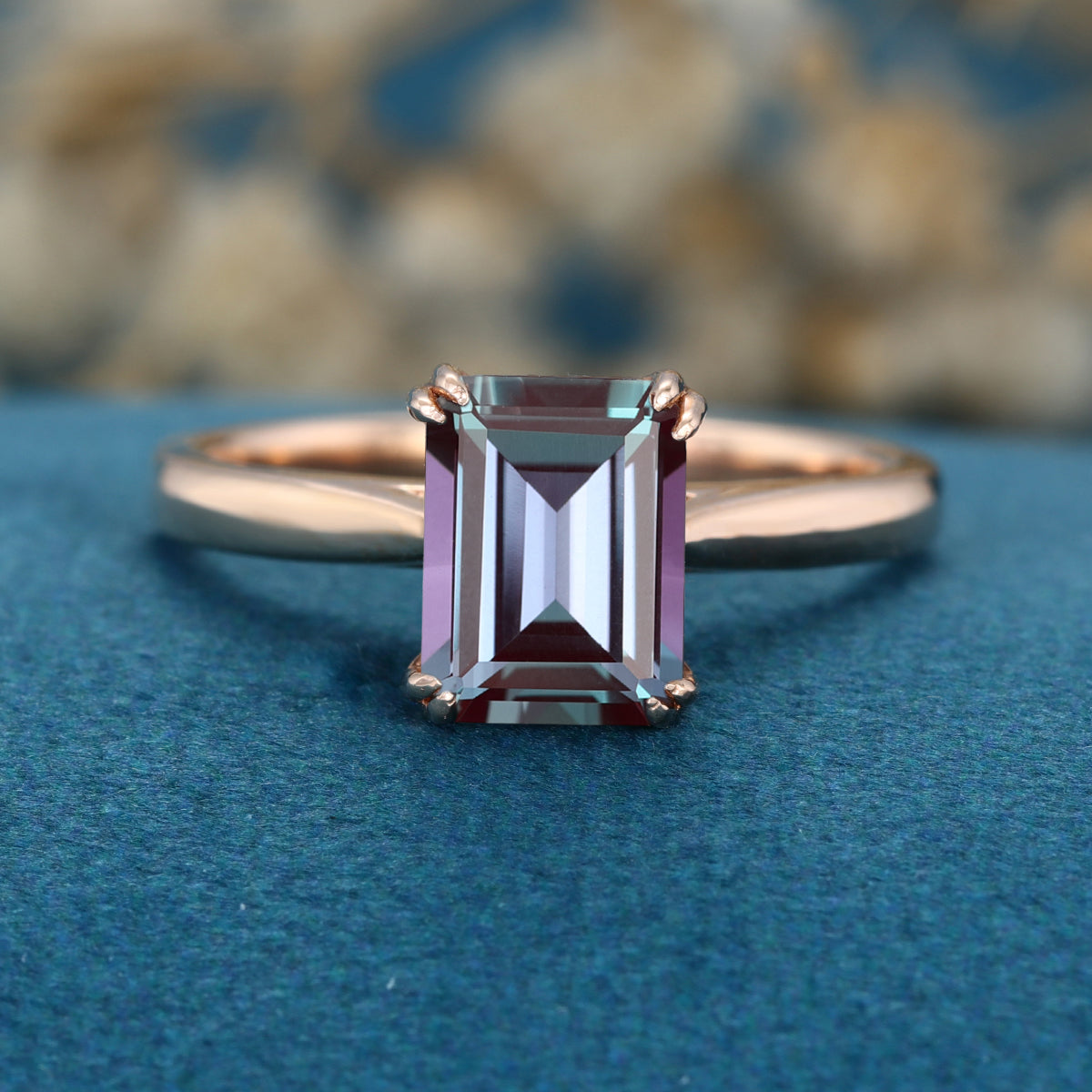 Emerald cut Lab Alexandrite Solid Gold Engagement Ring