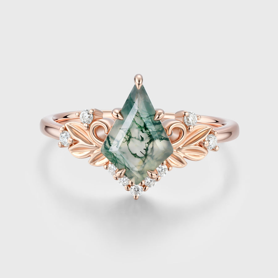 Nature Inspired Kite cut Moss Agate Leaf Gold Engagement Ring