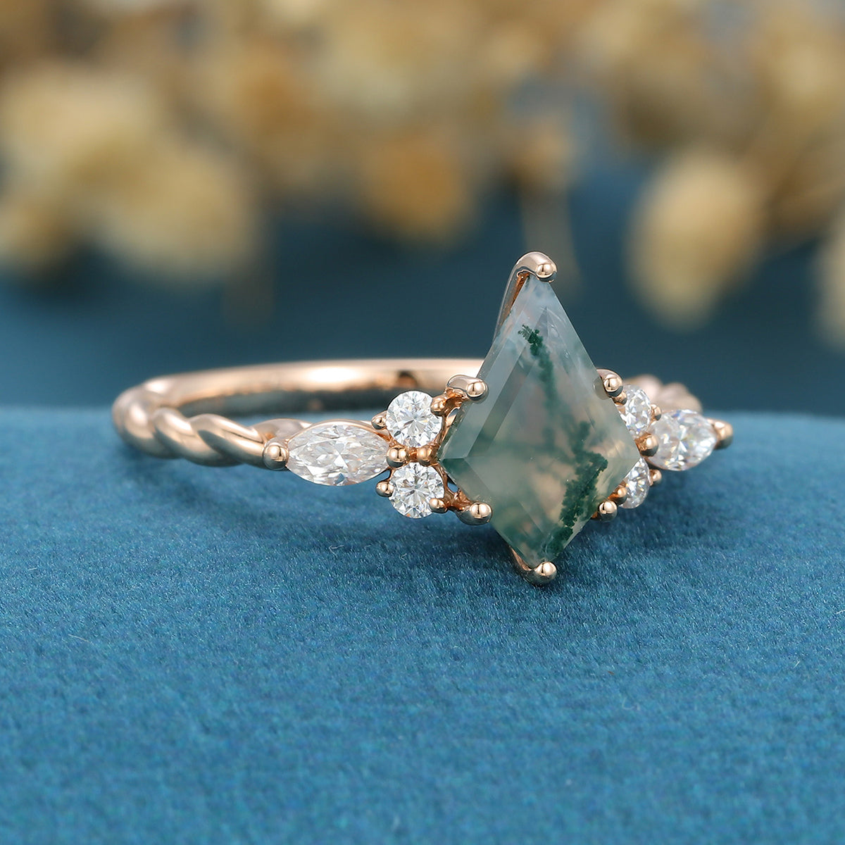 1.4Carat Kite Cut Natural Green Moss Agate Cluster Engagement Ring