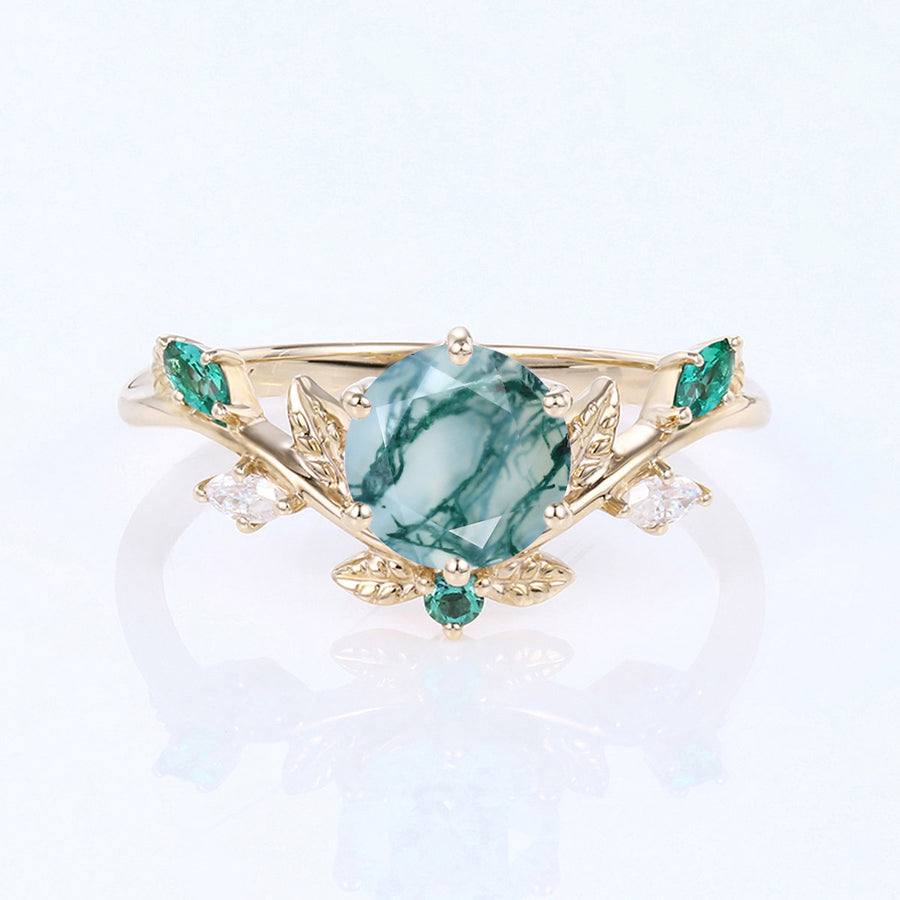Nature Inspired Round cut Moss Agate Leaf Gold ring set