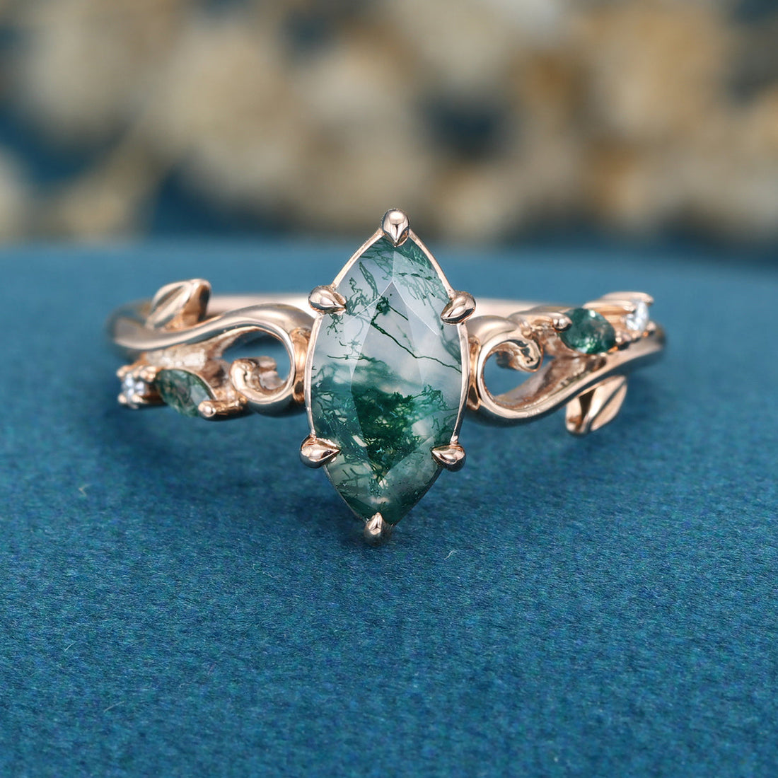 Nature Inspired Marquise cut Moss Agate Solid Gold Engagement Ring
