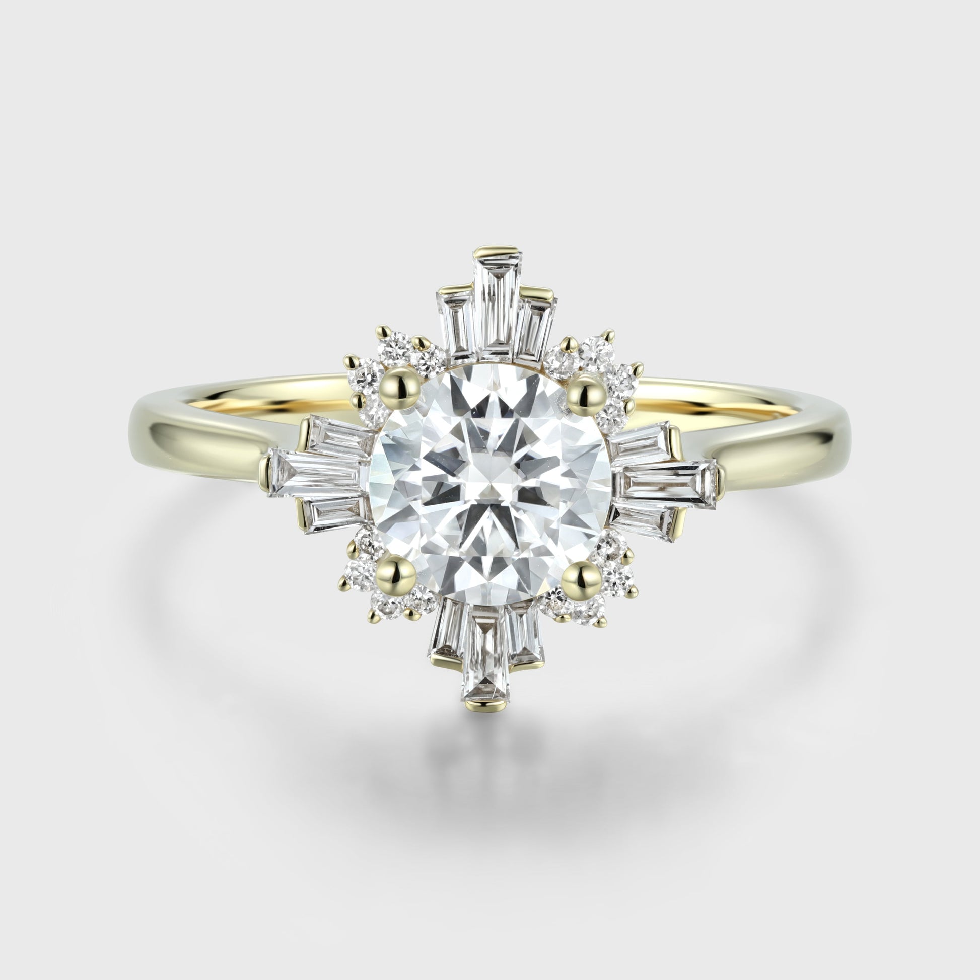 Round cut Moissanite Halo Baguette Engagement Ring