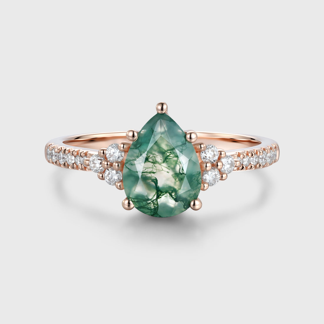 Pear Cut Natural Green Moss Agate Cluster Engagement Ring