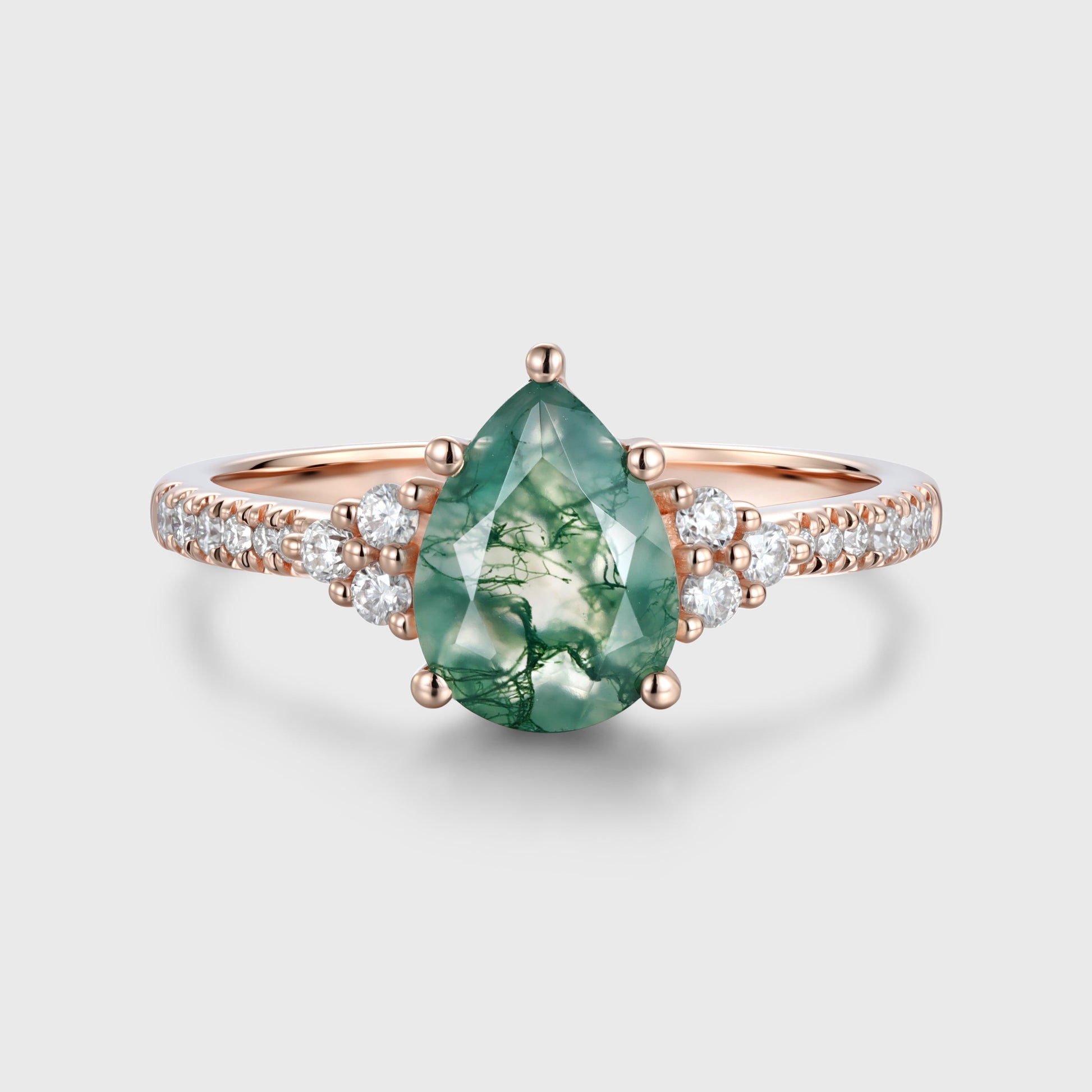 Pear Cut Natural Green Moss Agate Cluster Engagement Ring