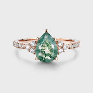 Pear Cut Natural Green Moss Agate Cluster Engagement Ring