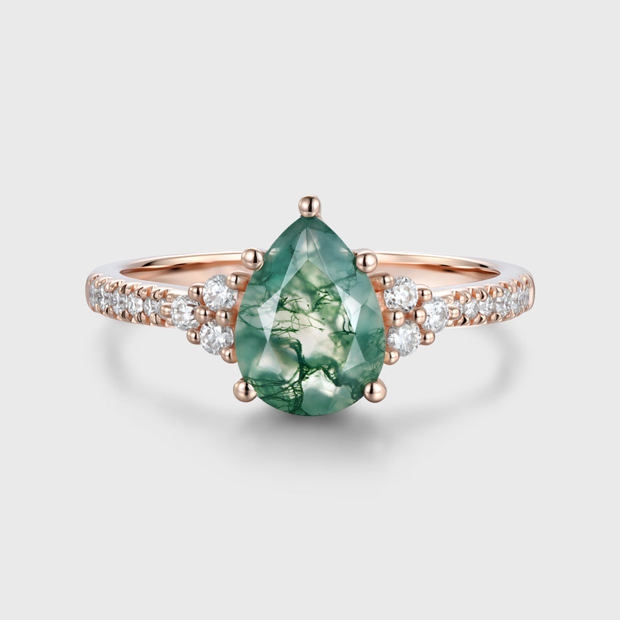 Pear Cut Natural Green Moss Agate Cluster Engagement Ring