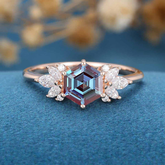 Hexagon cut Alexandrite | Diamond Engagement ring 