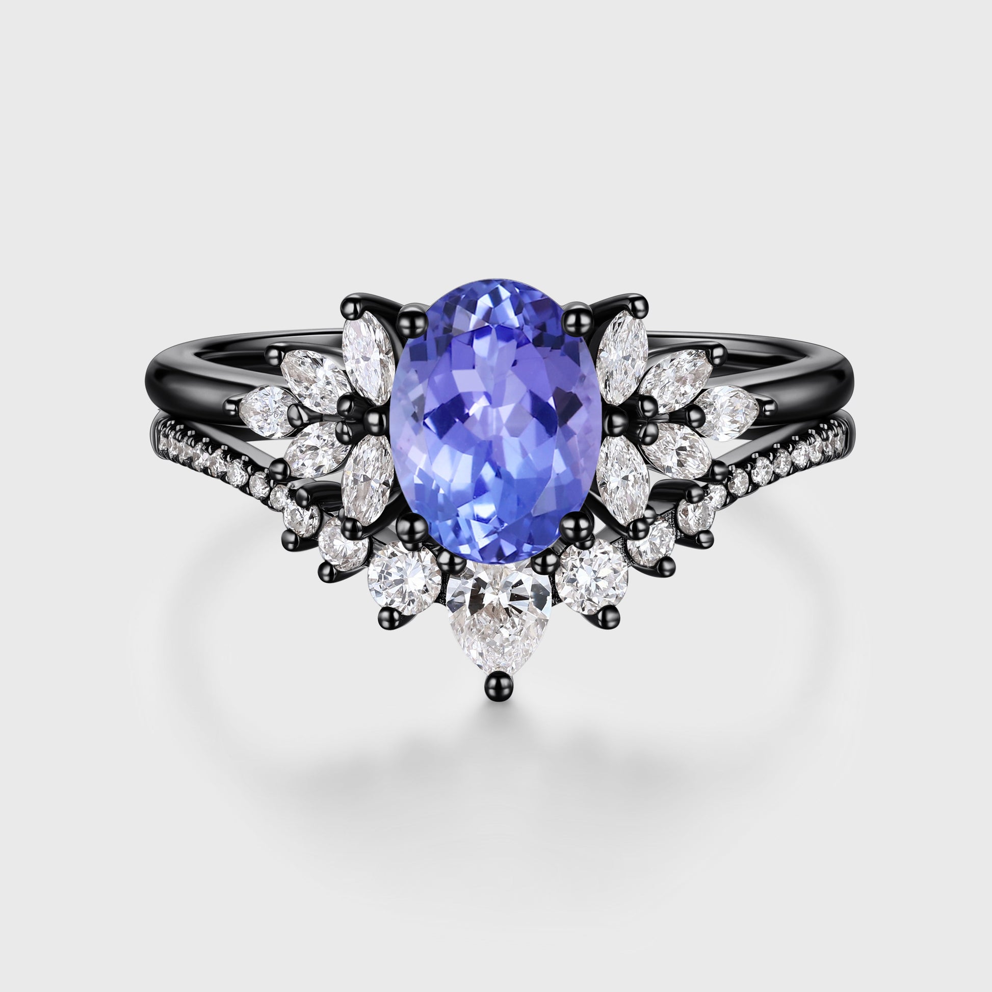 1.5Carat Oval cut Tanzanite Cluster Engagement ring Bridal Set