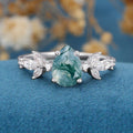 Pear Cut Natural Green Moss Agate Cluster Engagement Ring