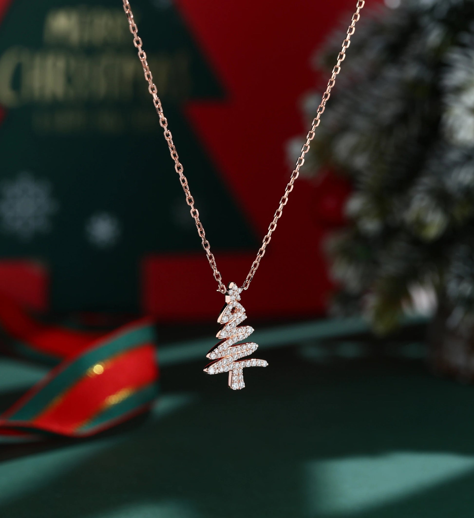 Christmas Tree Pendant Necklace with Moissanite or Diamonds Halo Accents