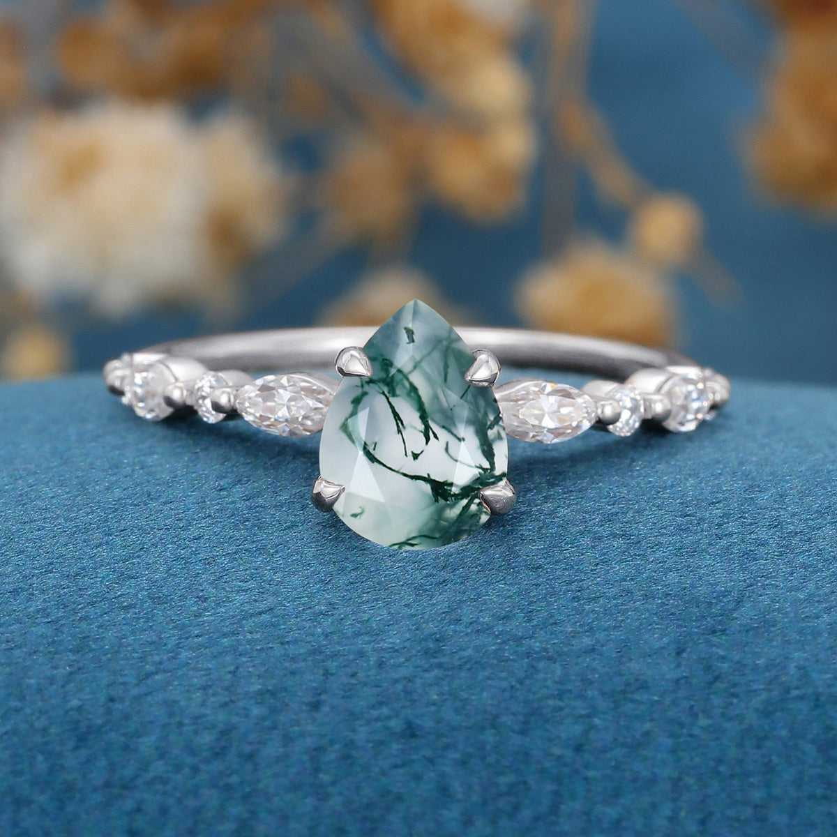 Natural Green Moss Agate pear cut cluster Engagement Ring