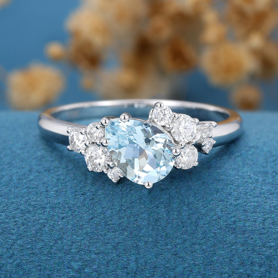 Pear cut Aquamarine Cluste Engagement ring Bridal Set
