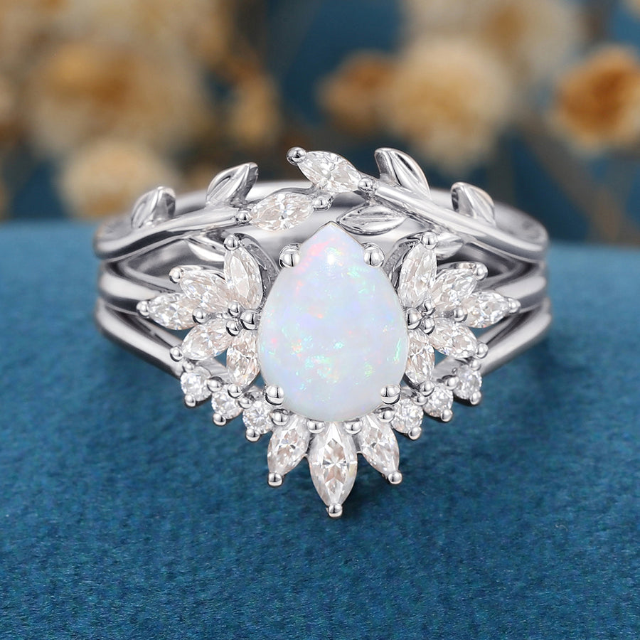 3PCS Pear cut Opal Engagement ring Bridal Set